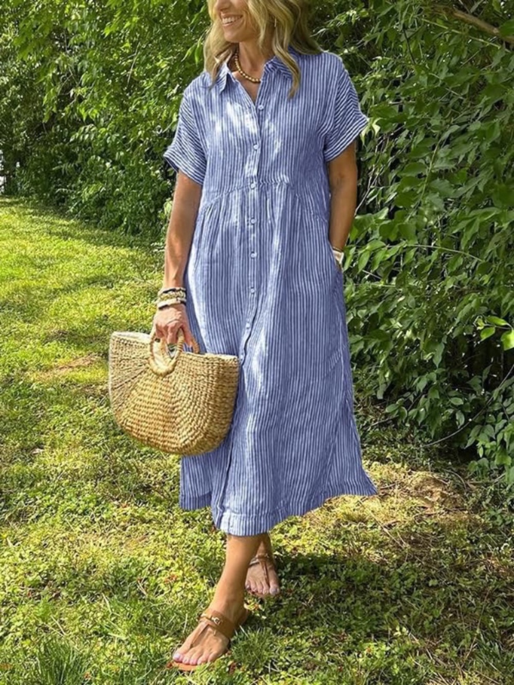 Striped Midi Long Shirt Dress Casual Loose Short Sleeve Button Down Dress L